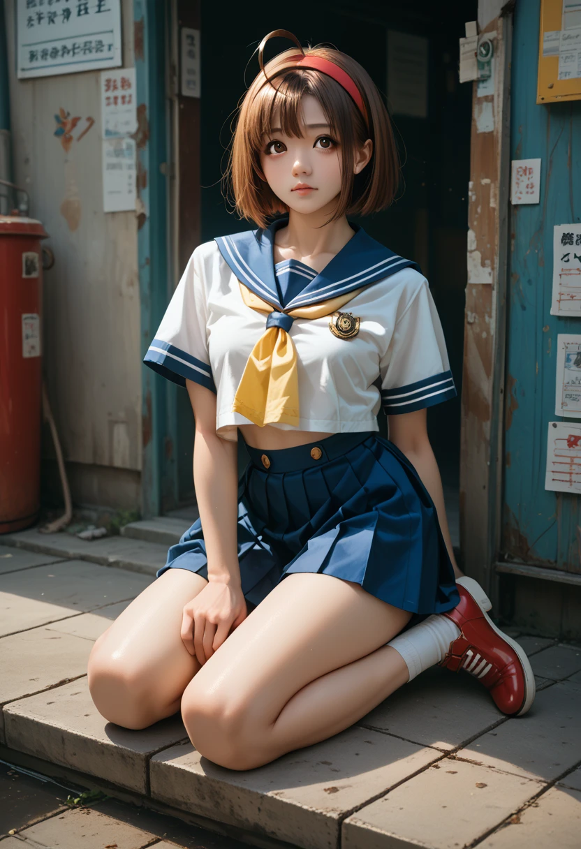 (masterpiece,  best quality:1.1),  1 woman solo , Sakura,  Brown Eyes , Brown Hair, short hair, bangs, Ahoge, Headband, sailor warrior uniform, ,  yellow neckerchief,  blue skirt  , , Thighs, , Red footwear
