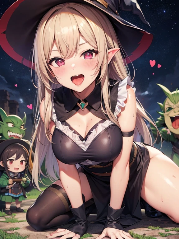 (detailed), High image quality ,4K,witch,Big Breasts,One Woman,(  wearing a hat  ),  tattered clothes  , セクシーなwitch, underbust ,(四つん這いになるwitch),Low Angle,(Ferocious Goblins に囲まれるwitch),(  excited expression  ),( A fine penis ),Ruins,Dungeons,New Moon Night,Ferocious Goblins   ,(Catch a woman),(witchの髪を掴むゴブリン),(witchの顔にゴブリンのペニスを押し付けます),,( Attacked by goblins  ),sweat,(Change pupils to hearts   ),  change eyes to hearts  ,  lots of heart marks ,(  has heart-shaped eyes、It looks great ),(A flattering look),(ゴブリンに屈服するwitch),(  deep kiss),Black Wizard,(ゴブリンのペニスをwitchが握ります),(Stand on your knees )