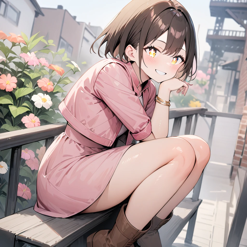  shiny brown hair sitting on the fire escape, short hair, (美しい茶色のeye、  sparkling eyes, eye)、smile、非常に精細なeye、 very detailed faces , 非常に詳細なeye,, cowboy shot、 ( best quality, masterpiece:1.2), 非常に High Resolution ,  High Resolution , Women only、 best quality、 best quality、 (masterpiece:2.0), Alone, ((((  Red Cropped Jacket, bracelet,  Pink Dress , Brown boots)))), , from_side,  cowboy shot, Knees Align Squats ,flower , (:1.7), (Beautiful and bright background), ((Outdoor, A beautiful garden bursting with flowers of various colors))