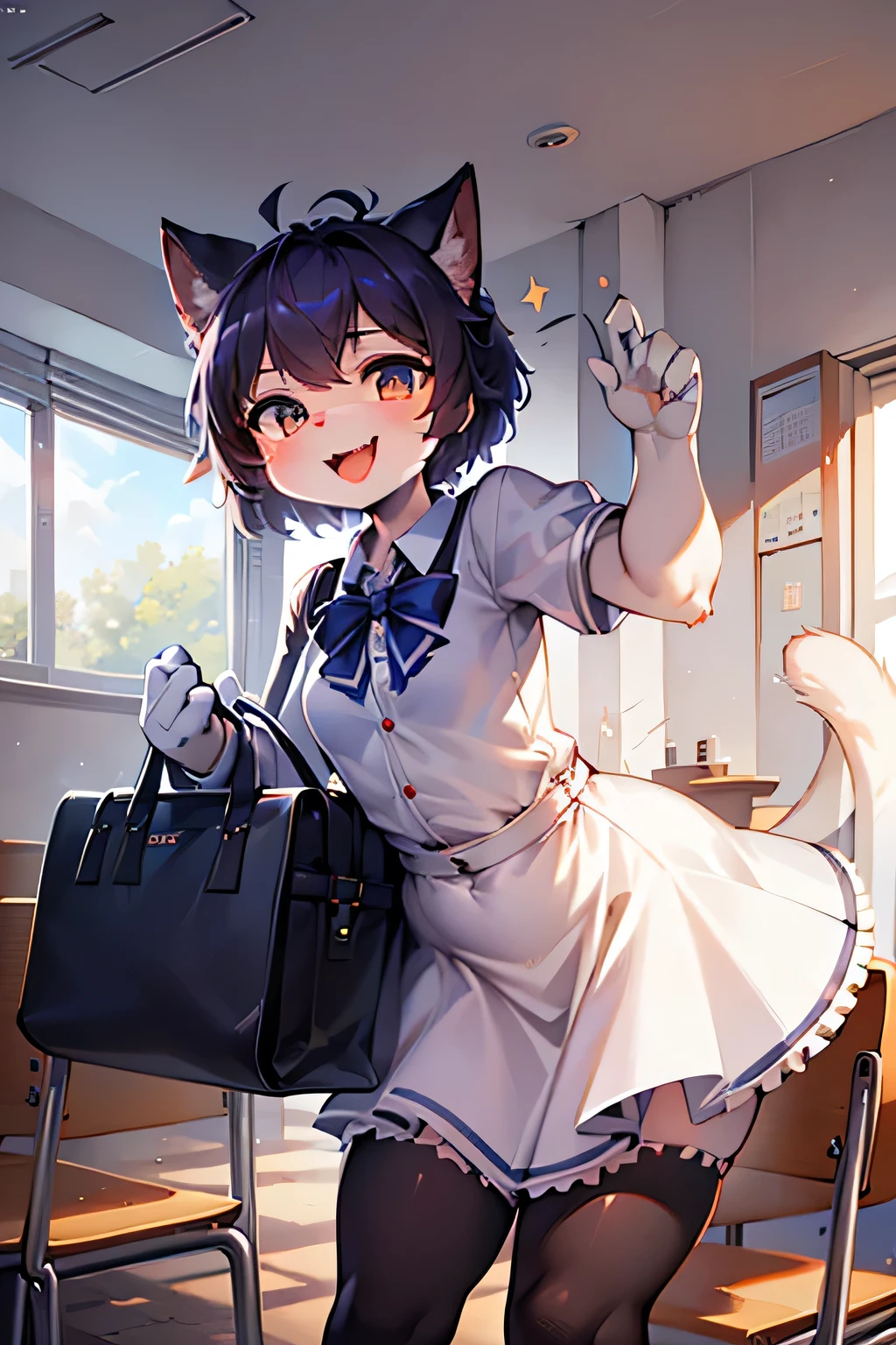High school girl, Small、 Cute face,Cat-like mouth、Laughing with your mouth open,An innocent smile,long cat ears , White Uniform,black hand bag , dynamic pose 、School, highly detailed background with frills, high quality, high detail, Perfect Anatomy, very fine eye, HD quality