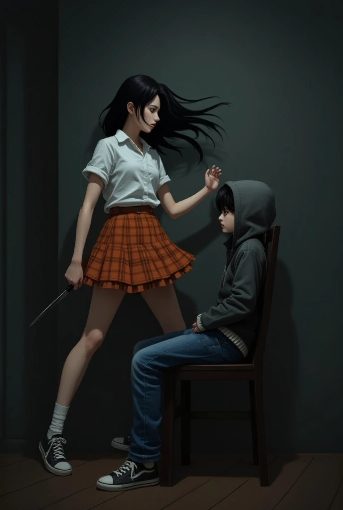 School girl in long black skirt strangling boy on the floor with her hands