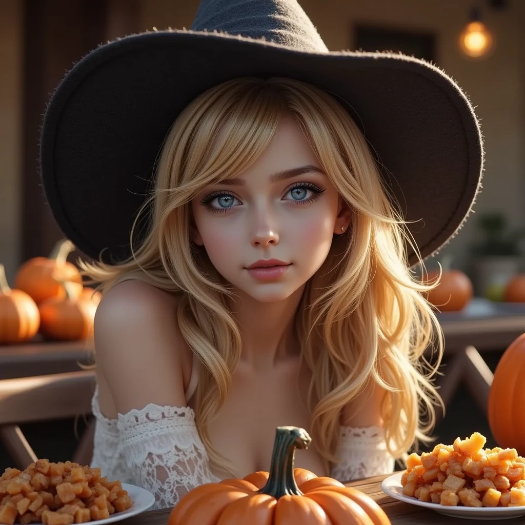  Cozy Halloween Party、 Warm and Nostalgic Atmosphere 、Pumpkinのランタン、Witch Hat、ghost、Detailed Food and Drink 、girl 1 person、 beautifully detailed eyes kept in the car、Beautifully detailed lips、Highly detailed faces and features、 long eyelashes、 Intricate illustration 、(Best Quality、4K、8k、 High Resolution 、masterpiece:1.2)、Super detailed、(Real、 photorealistic、 photorealistic:1.37)、Vibrant colors、Warm lighting、Whimsical、magic、autumn、Pumpkin、Candles、 Cozy Decor 、