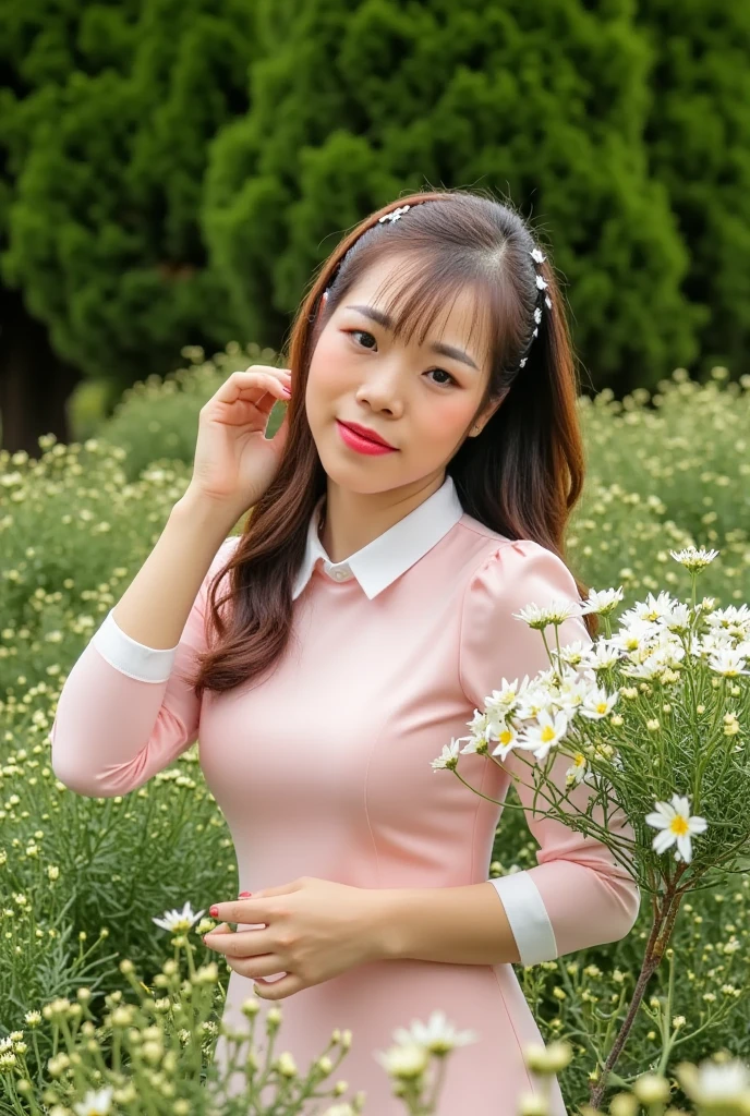 huongtrinh, 39 years old, (Realistic, Photorealistic), Pastel colored mini dress with puffy sleeves, paired with a white sneaker , K-Pop idol, standing and looking at the viewer, garden white flower, ((highest quality)), ((intricate details)), ((realistic)), absurd resolution, highly detailed photo, one girl, medium breasted, perfect hands, detailed fingers, beautifully detailed eyes,((Random Parted Layered Hairstyle)), ((Brown Wavy Hair In Big Curls)), black eyes, Detailed background, perfect eyes, enchanting eyes, looking. Viewed from the front