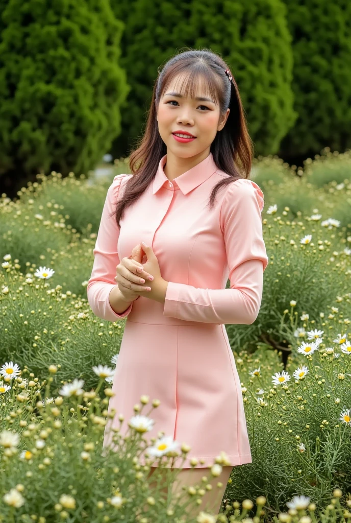 huongtrinh, 39 years old, (Realistic, Photorealistic), Pastel colored mini dress with puffy sleeves, paired with a white sneaker , K-Pop idol, standing and looking at the viewer, garden white flower, ((highest quality)), ((intricate details)), ((realistic)), absurd resolution, highly detailed photo, one girl, medium breasted, perfect hands, detailed fingers, beautifully detailed eyes,((Random Parted Layered Hairstyle)),((curly hair)), ((Brown Wavy Hair In Big Curls)), black eyes, Detailed background, perfect eyes, enchanting eyes, looking. Viewed from the front