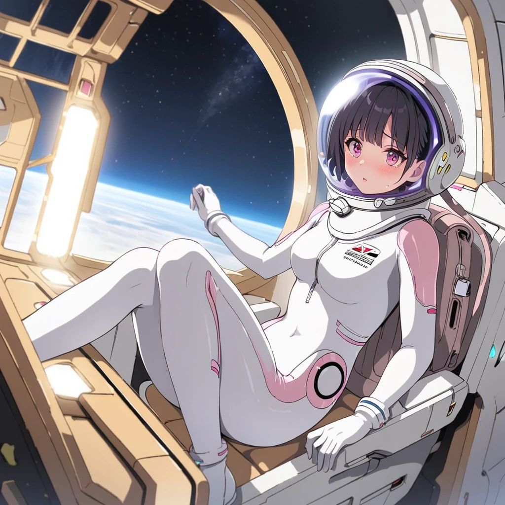 1人of女of子,Alone,short hair,(Space Suit:1.15), Black Hair Space Helmet ,whole body, indoor, masterpiece of the highest quality,  trembling, difficulty breathing, bodysuit,Lumine , Bubble Helmet, short hair,  backpack,gloves,blush,internal (cockpit) of (Futuristic spaceship:1.6), Sitting on narraw futuristic spacecraft cockpit seat, Covered navel, short hair