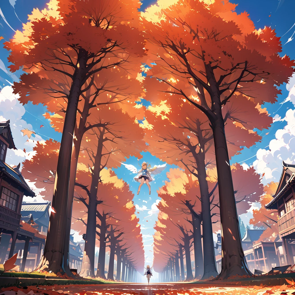 Metasequoia Tree-Lined Avenue,Autumn leaves, Dead Leaves Fluttering  ,(((8k,masterpiece, best quality))), Detailed CG Synthesis  ，Maxi Kit, whole body,  wide shot,break、(((  Cute Angel Flying in the Blue Sky  ))),  fantasy , Big angel wings, ,(blonde:1.6)，眩しいハイライトが入ったblondeの髪、Shiny bright hair, ,Long Hair,,  twin tails、Detailed face，Attractive big blue eyes，Shining beautiful eyes，Charming smile，Beautiful Skin，  lens flare,Girl with angel wings and sword, Angel Knight Girl,Beautiful angel witch, Very detailed artgerm, Detailed digital 3D art（（ Super Real, Vivid 3D））， Dragon Warrior Girl，  Dynamic Action Poses for Battle Scenes  ，  Extremely Complex and Heavy Fighter Armament  ，Vice President of Lunes,, Single Armor, Decorative blue armor, Armor Dress, （Winged Helmet）, Shoulder rest, Gauntlet, Shin guards,（  Wield a Huge Turquoise Energy Sword:1.3), Very dramatic, Cinema Lighting 。Beautifully detailed backgrounds, Beautifully detailed backgrounds, ( In the blue sky above the clouds 1 .3), ((Two big, Shining Wings:1.3),(flight:1.5)