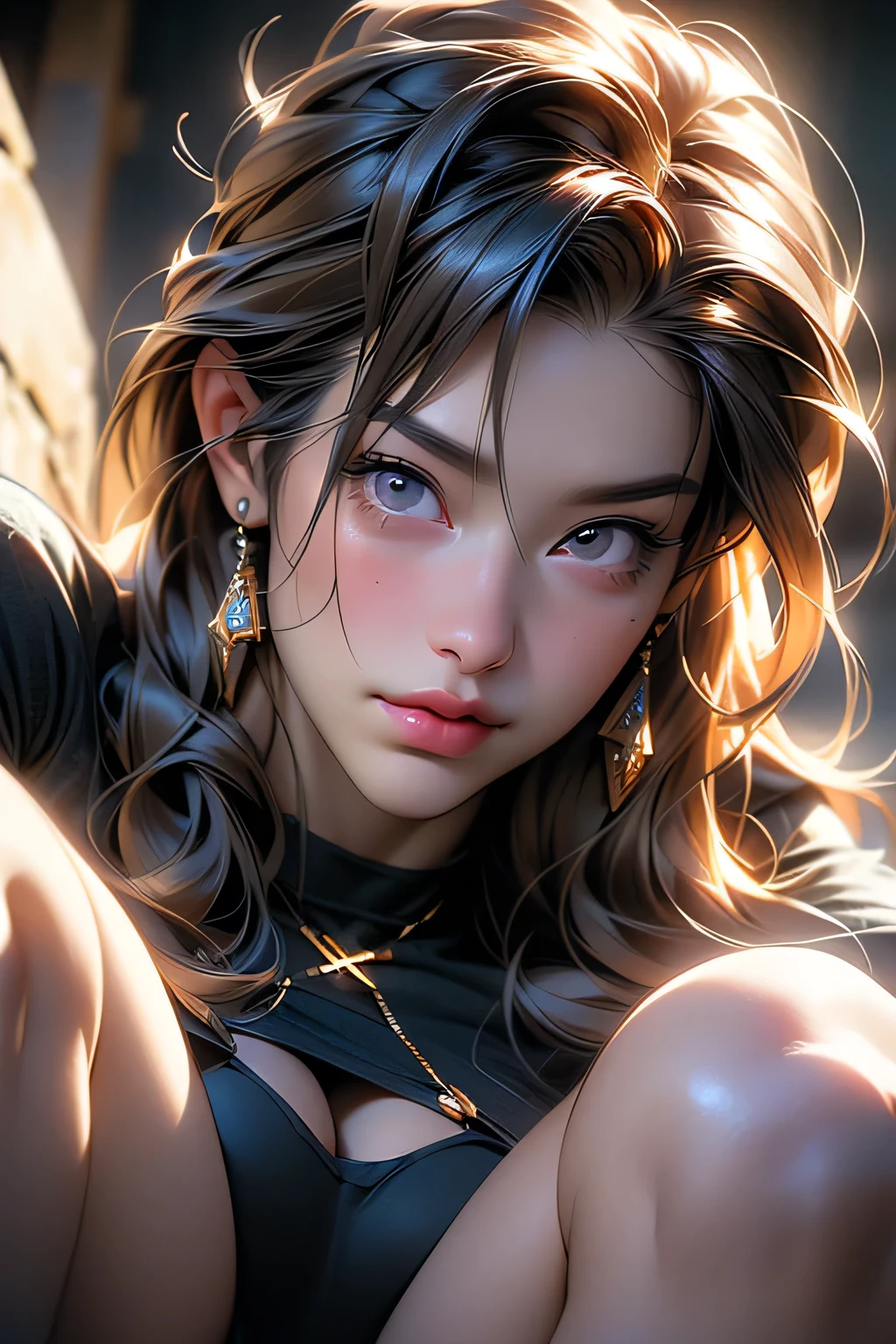 A smiling girl with long hair, beautiful detailed eyes, beautiful detailed lips, extremely detailed face, long eyelashes, heart-shaped earrings, anatomically correct, wearing a ribbon, best quality, 4k, 8k, highres, masterpiece:1.2, ultra-detailed, realistic, photorealistic, photo-realistic:1.37, HDR, UHD, studio lighting, ultra-fine painting, sharp focus, physically-based rendering, extreme detail description, professional, vivid colors, bokeh, POV, diffracted spikes, cinematic, dramatic lighting, beautiful breasts