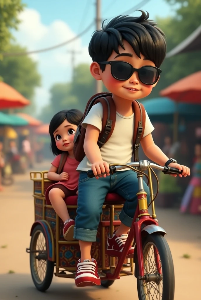 motorcycle,driving,black hair,hug,long hair,holding flower,blue shorts,yellow dress,balloon,couple,chibi,full body,simple background,white background,, masterpiece, best quality,