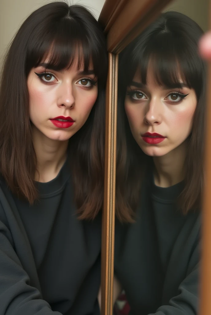 I want an emo girl wearing eyeliner, red lipstick, brown hair with bangs wearing a sweatshirt, taking a picture in the mirror. Her reflection is completely bald her head is clean shaved bald.
