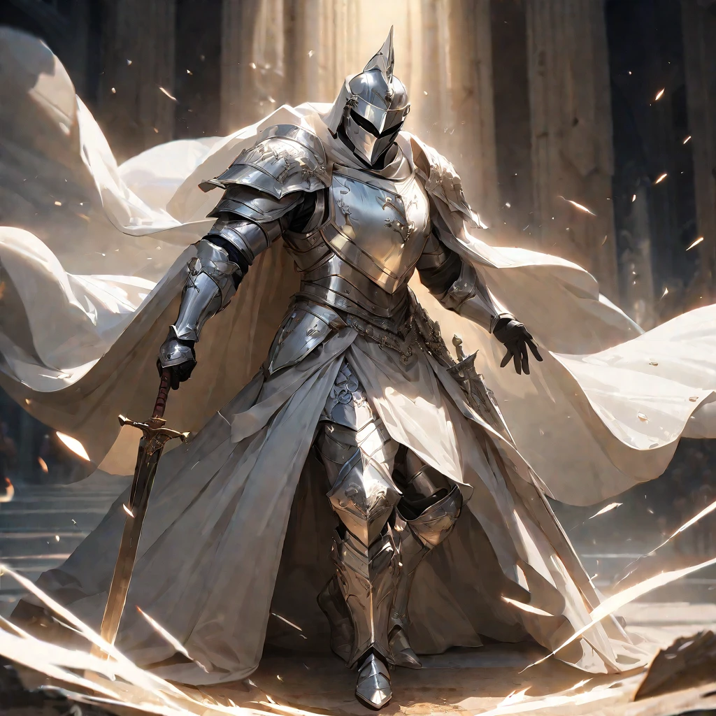 1 Holy Knight,  Decorated Decorative Armor  ,  Silver White Armor and White Cloak  , Silver White Helmet  , Knight with Sword  ,  Full Body Aura Effect , Paladin, Sacred art, sacred power, Holy Knight, masterpiece 8k, Extremely Detailed and High Quality , Complex, Realistic, Studio Lighting ,  Volume Lighting  , Dramatic lighting,  dynamic pose  , Structure of the film,  elegant, hole々, Majestic, heroic, wonderful, Shine, Shine, Mysterious、that&#39;  is a beautiful artistic oil painting  .:1.2,  super high definition, A masterpiece , Holy Knight, Tall, medium hair that reaches the shoulder { x}:Wavy, Brown Hair, brown eyesA green cloak fluttering in the wind:1.2, Holding a double-edged sword, Beautiful and decorative sword:1.2, Pray to the sword,  Fantasy Art  , wonderfulイラスト ,  Official Art Book Cover  , green, Cinema Lighting, Backlight, drop shadow