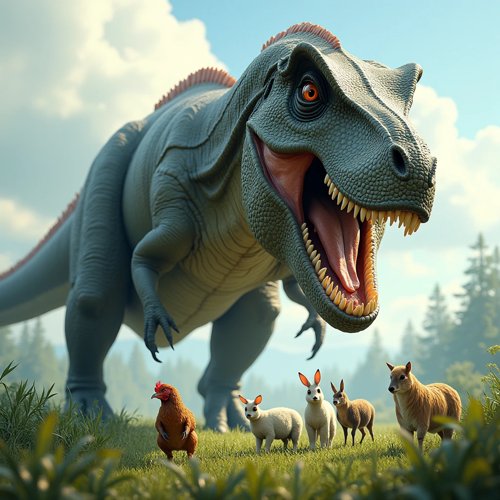 A giant T-Rex opens its mouth and looks at the ground 、chicken、rabbit、sheep、deer、Human Male、Back view of looking up at dinosaurs side by side on the ground、 high definition、Real Image、Realistic、Grassland Background