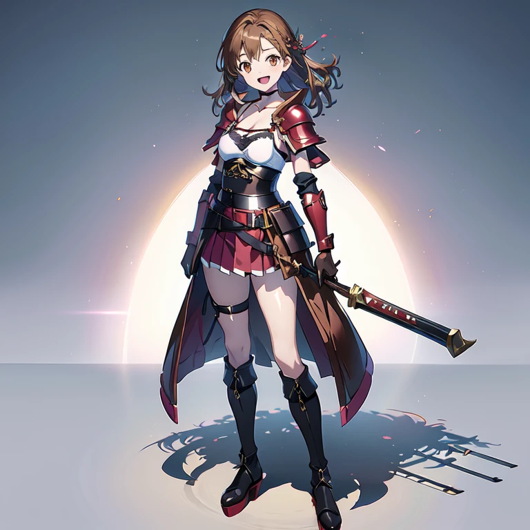 ((1 masterpiece, high resolution, best quality, )), beautiful picture, same character, 1 girl, ((full body)), alone, in love, excited, very happy, smile, open mouth, adventurers, musketeer, role-playing, medium breasts, golden almond eyes, long brown hair, drill hair, hip bones, collarbone, , ((undersized clothes)), ((undersized bra cup)), revelating clothes, japanese miko clothes, skirt, upskirts, skirt lift, ((leather armor)), leather gloves, asymmetrical gloves, leather boots, asymmetrical footwear, high heel boots, shoulder armor, leather corset, chest harness, full body, standing, ,simple background, gray background,