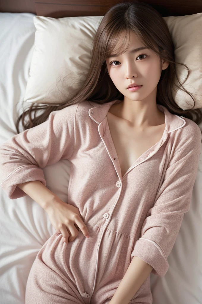 ((highest quality, masterpiece :1.3)), Photorealistic、Ultra-high resolution、Natural skin texture、Hyperrealism、Reflection from the waist up、Beautiful Japanese girl in her early s、One girl、Nighwns with transparent skin、Lying in bed、Frightened expression、Tears flowing