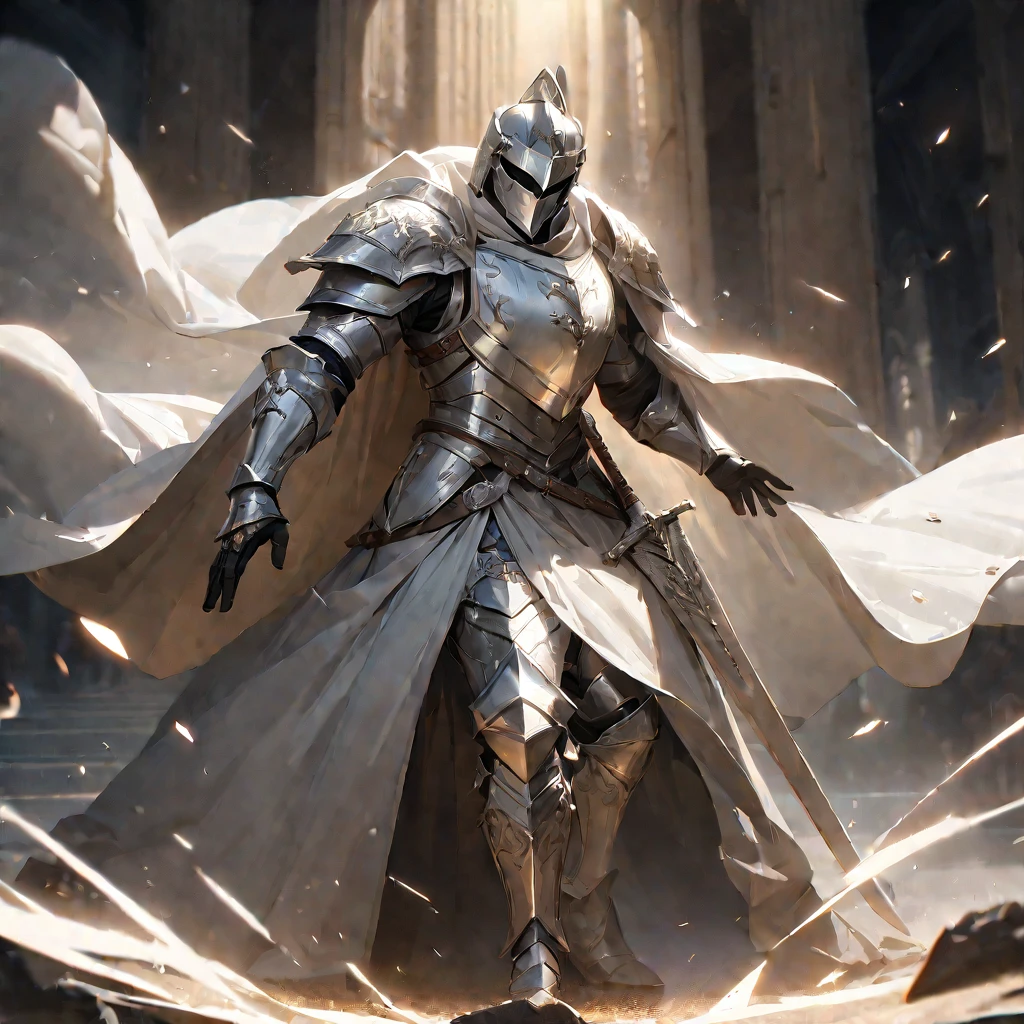 1 Holy Knight,  Decorated Decorative Armor  ,  Silver White Armor and White Cloak  , Silver White Helmet  , Knight with Sword  ,  Full Body Aura Effect , Paladin, Sacred art, sacred power, Holy Knight, masterpiece 8k, Extremely Detailed and High Quality , Complex, Realistic, Studio Lighting ,  Volume Lighting  , Dramatic lighting,  dynamic pose  , Structure of the film,  elegant, hole々, Majestic, heroic, wonderful, Shine, Shine, Mysterious、that&#39;  is a beautiful artistic oil painting  .:1.2,  super high definition, A masterpiece , Holy Knight, Tall, medium hair that reaches the shoulder { x}:Wavy, Brown Hair, brown eyesA green cloak fluttering in the wind:1.2, Holding a double-edged sword, Beautiful and decorative sword:1.2, Pray to the sword,  Fantasy Art  , wonderfulイラスト ,  Official Art Book Cover  , green, Cinema Lighting, Backlight, drop shadow