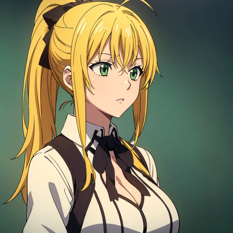 cixous, 1girl, solo, long_hair, breasts, looking_at_viewer, bangs, blonde_hair, long_sleeves, dress, ribbon, brown_eyes, medium_breasts, closed_mouth, yellow_eyes, upper_body, frills, red_ribbon, maid, maid_headdress, neck_ribbon, frown, parody, underbust, anime_coloring