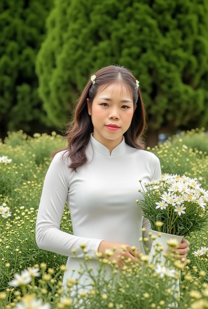 huongtrinh, 39 years old, (Realistic, Photorealistic), White blouse and tight skirt:1.3 , K-Pop idol, standing and looking at the viewer, garden white flower, ((highest quality)), ((intricate details)), ((realistic)), absurd resolution, highly detailed photo, one girl, medium breasted, perfect hands, detailed fingers, beautifully detailed eyes,((Random Parted Layered Hairstyle)),((curly hair)), ((Brown Wavy Hair In Big Curls)), black eyes, Detailed background, perfect eyes, enchanting eyes, looking. Viewed from the front