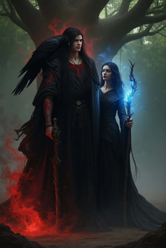 A man is in a grave with a black robe, long hair and an Asian face surrounded by a red aura, holding a dragon-shaped staff, on his shoulder is a black crow, accompanied by a beautiful woman wearing a black robe with a blue aura behind her is a large, frightening banyan tree.