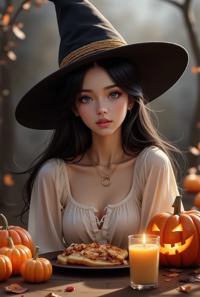  Cozy Halloween Party、 Warm and Nostalgic Atmosphere 、 Jack O Lantern 、Witch Hat、ghost、Detailed Food and Drink 、girl 1 person、 beautifully detailed eyes kept in the car、Beautifully detailed lips、Highly detailed faces and features、 long eyelashes、複雑なIllustration、(Best Quality、4K、8k、 High Resolution 、masterpiece:1.2)、Super detailed、(Real、 photorealistic、 photorealistic:1.37)、Vibrant colors、Warm lighting、Whimsical、magic、autumn、Pumpkin、Candles、 Cozy Decor 、Illustration、wallpaper、