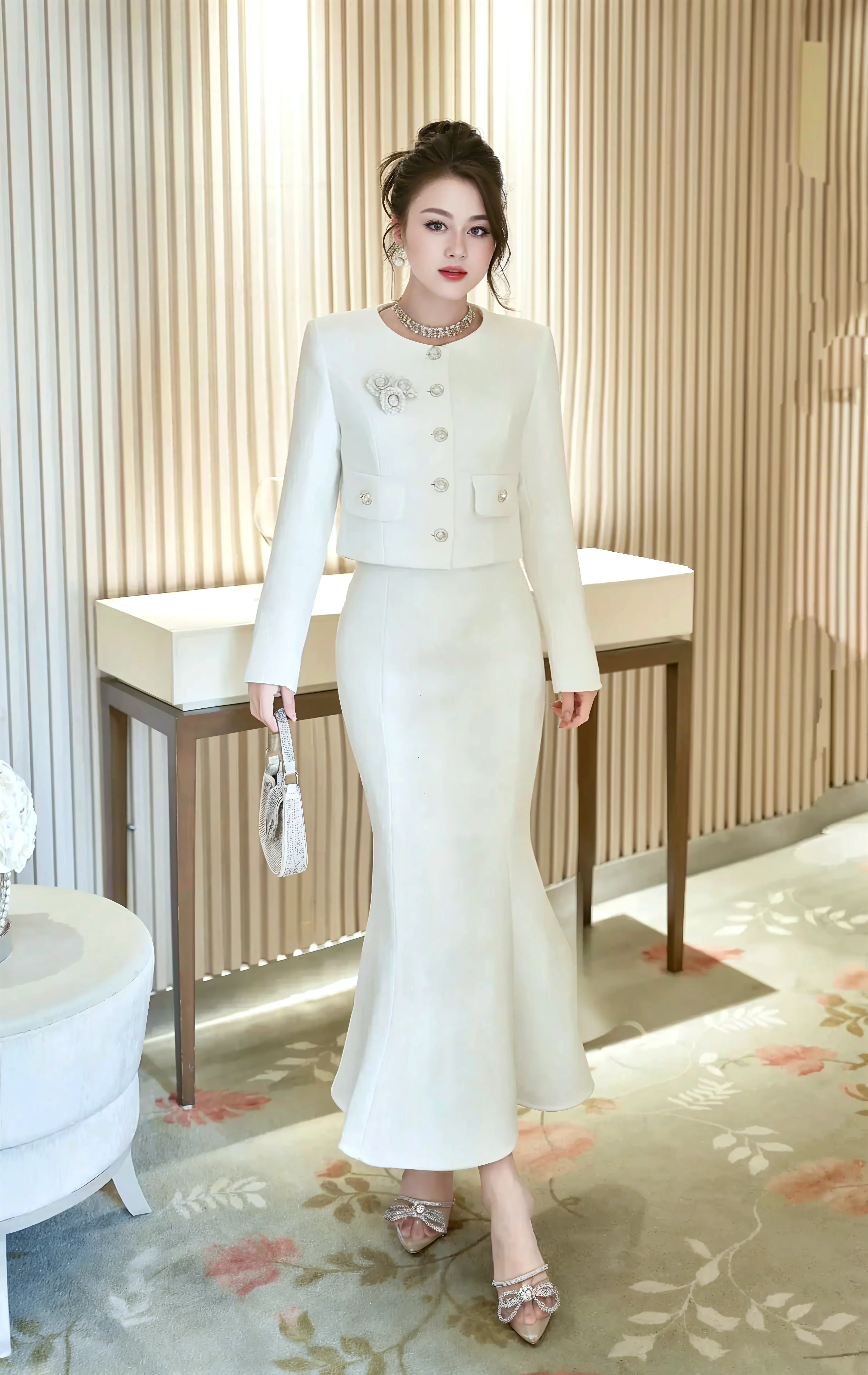 Draw lips correctly, red lipstick, from chest up, best quality, Super detailed, lifelike, Super fine skin, perfect ???????, (1 日本Mature的女人), (alone),Wearing a gray round neck long sweater dress, short sleeves,,short hair,white boots,37-year-old female,Mature,charming smile,garden background,stand,Leg length,Chubby body,medium chest,stand up,full-body shot