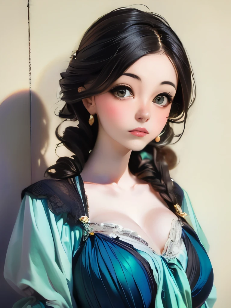 Inside Versailles, in 1789, a perfectly beautiful busty courtesan with auburn hair is standing in her magnificent Renaissance style light blue dress, glamourous jewellery, with a push up corset revealing her big cleavage. Both eyes are closed and her head is in extension, expressing climax. Both her hand are hiding under her dress, as she discretely masturbates under her dress. HQ. Masterpiece. HD.