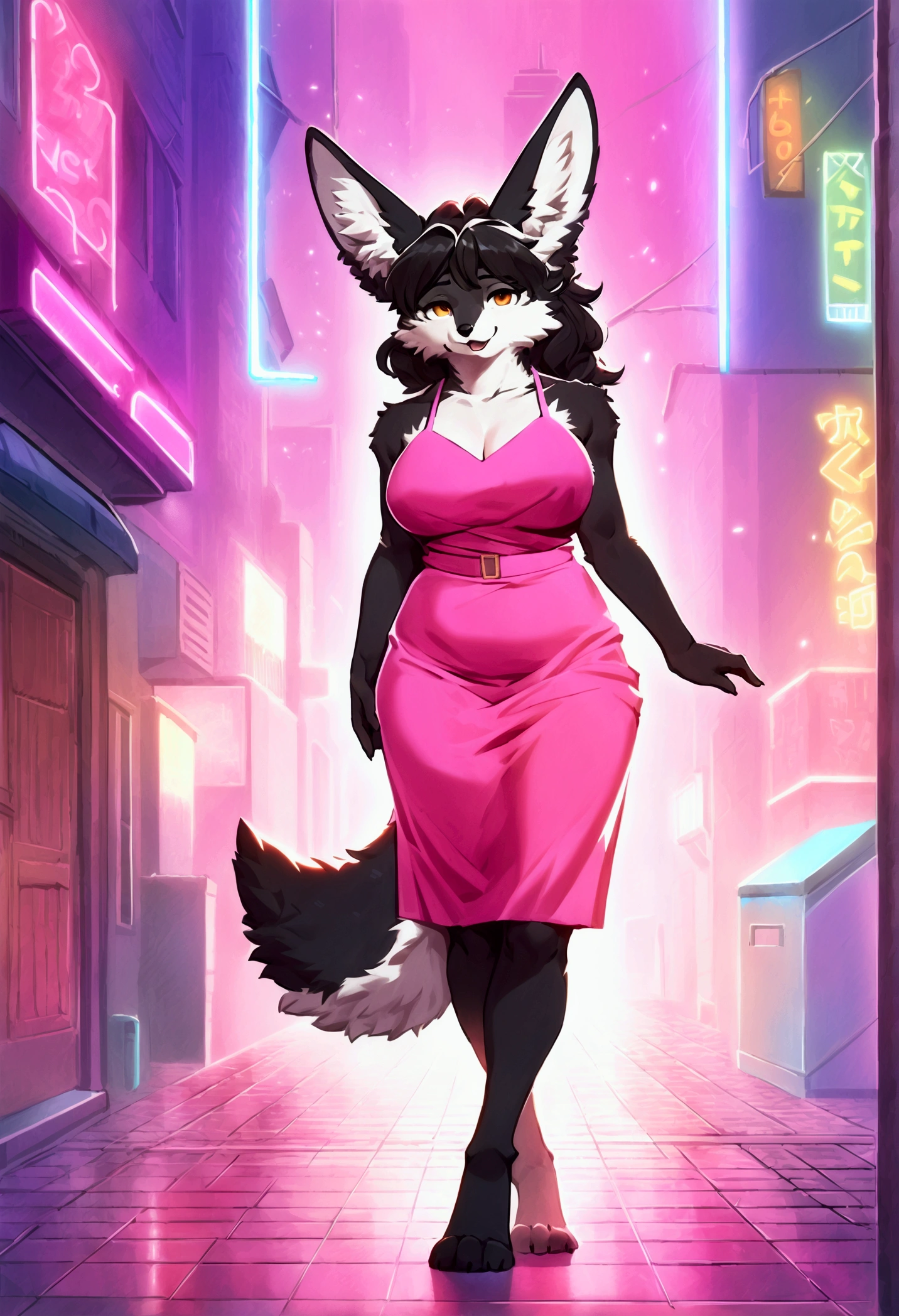 Beautiful pastel pink furry vixen ((naked with open coat)) with pastel pink hair, lime green eyes, blush face, cute tits and hips, fat ass, exhibicionist, night with public, in a sensual and dynamic pose. The best quality.