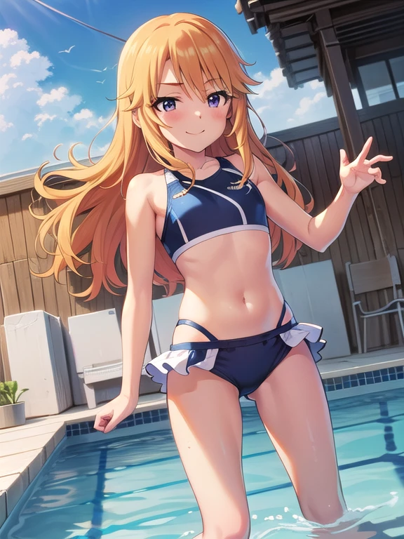 (masterpiece, best quality:1.2), illustration, dynamic pose, dynamic angle, (1girl, solo), big smile, indoor rooftop poolside, swimsuit, flat chest, (yuki_haru_theidolmastercinderellagirlsu149), 
orange_hair, purple_eyes, long_hair, bangs, blonde_hair, hair_between_eyes