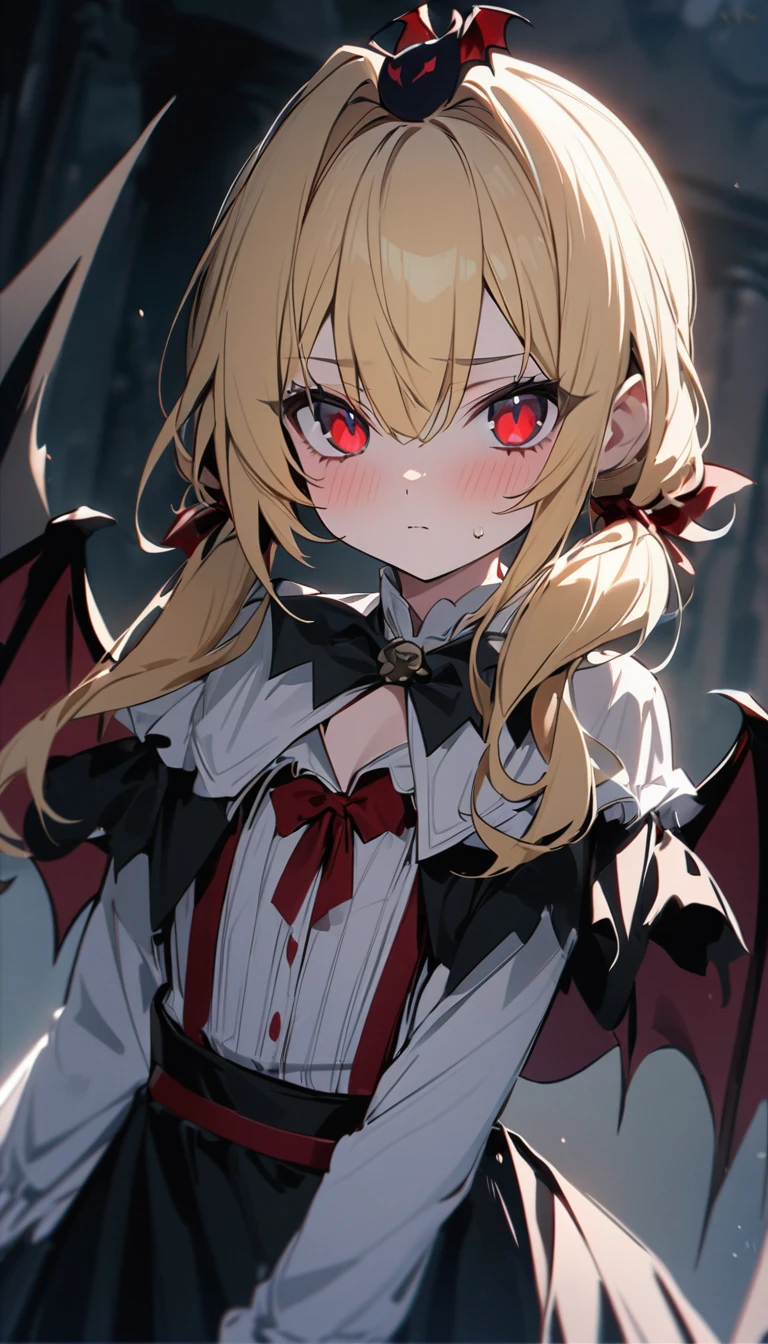 Red eyes, vampir teeth fangs, booldy face, blood out of mouth, smirk,bat wings, scary smile, psychopathic smirk, psychopathic smile, scary, mouth opem, angry eyes, vampire, dark hall background, red + blue + green