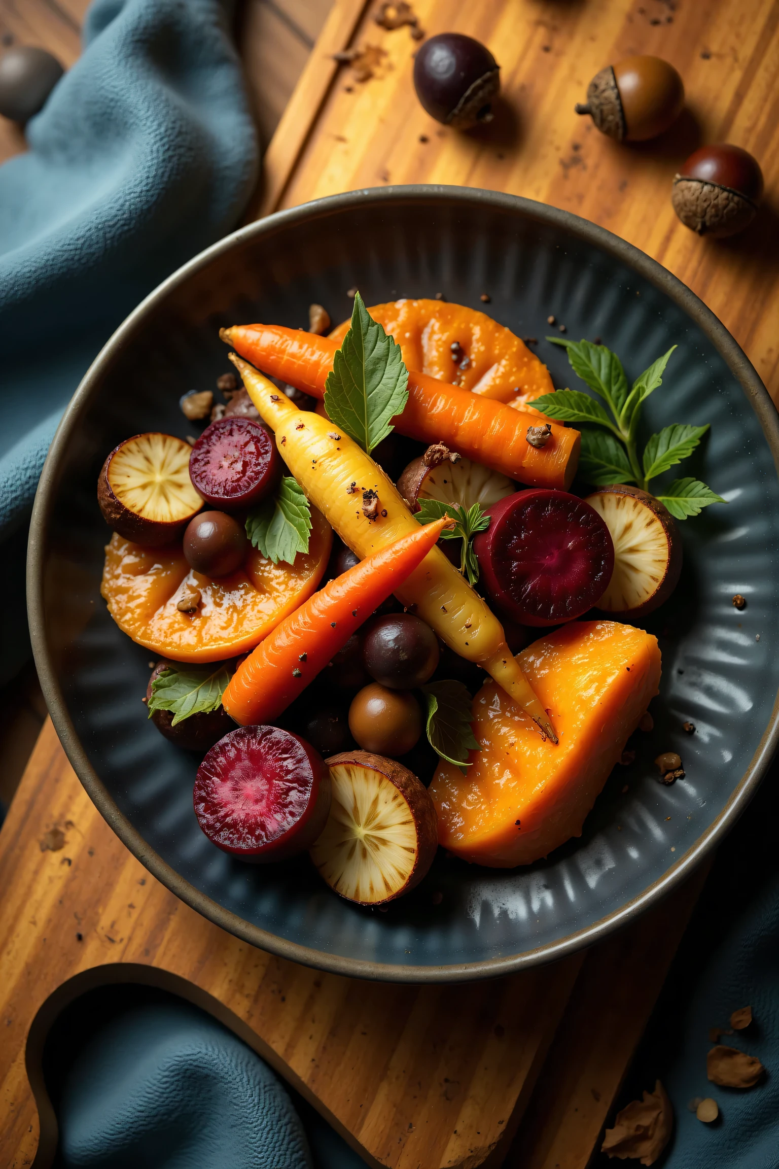 A hyper-realistic, close-up photograph of an autumn-themed gourmet collection, captured with a 50mm prime lens. The collection features an array of elegantly plated dishes showcasing roasted seasonal root vegetables such as butternut squash, heirloom carrots, and golden beets, presented with deep reds, warm oranges, golden browns, and earthy greens. Each dish is artfully arranged on textured ceramic plates with autumn-inspired accents, like edible flowers, microgreens, and a drizzle of herb-infused oil. The dishes rest on a rustic wooden board, adorned with dried leaves, cinnamon sticks, and acorns to evoke the essence of the season. The background is softly blurred with a creamy bokeh effect, highlighting the luxurious and seasonal feel. Natural, soft light from a nearby window casts a warm glow, creating gentle shadows that enhance the textures and colors of each dish. The shot is taken from a slightly angled perspective, capturing the refined craftsmanship and depth of the gourmet collection, invoking a sense of autumnal elegance and culinary artistry.