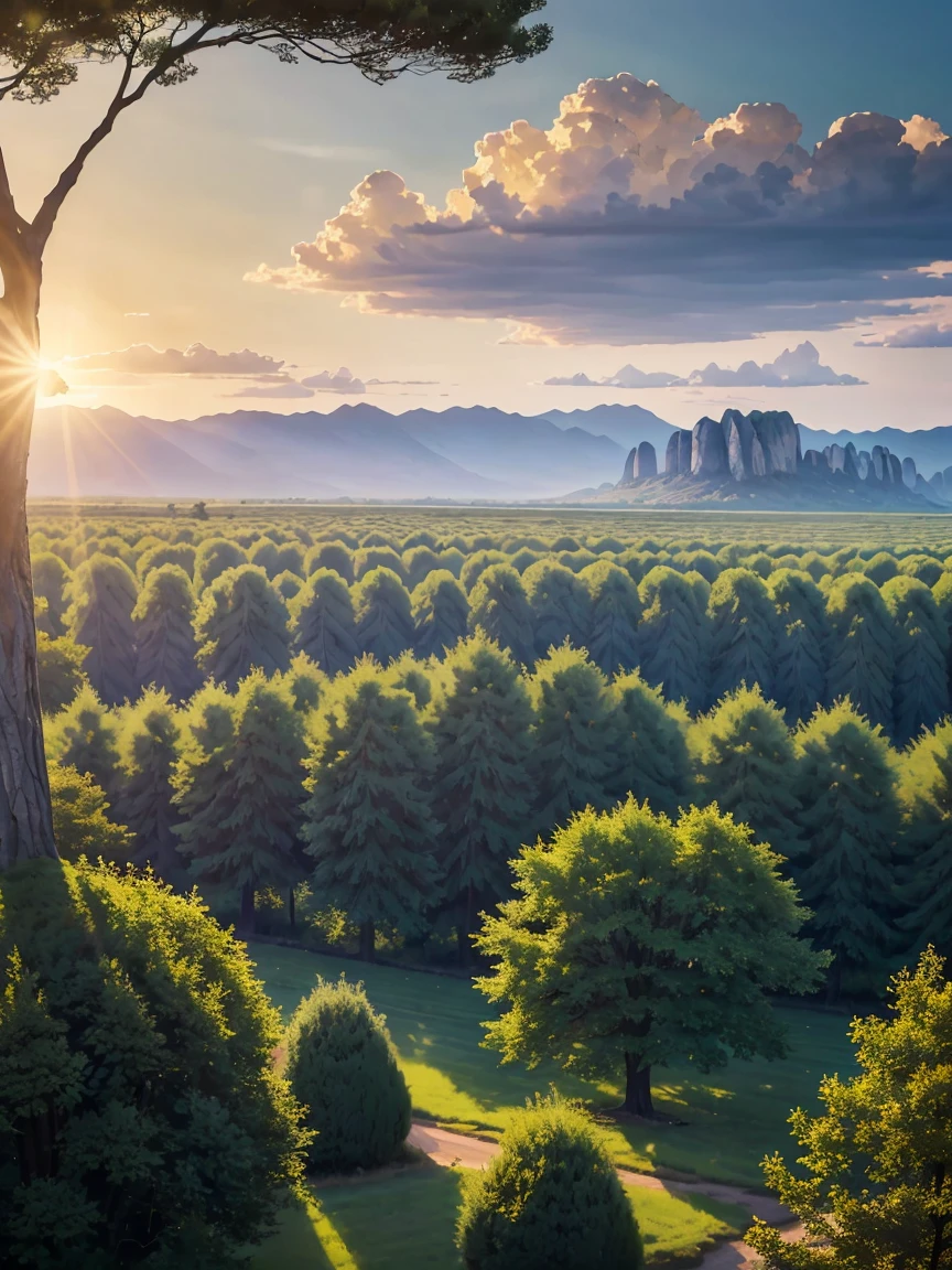 16k, Tons of Details , (( intricate detail))) Vast Sky, Many trees with intertwined trunks々Field,Beautiful sky,,Rocky surface, (Realistic), art (((Claude Lorraine))), gun.r. Tolkien type [Sharp focus], ( High Resolution ), (8k), (Gigapixel), (masterpiece)