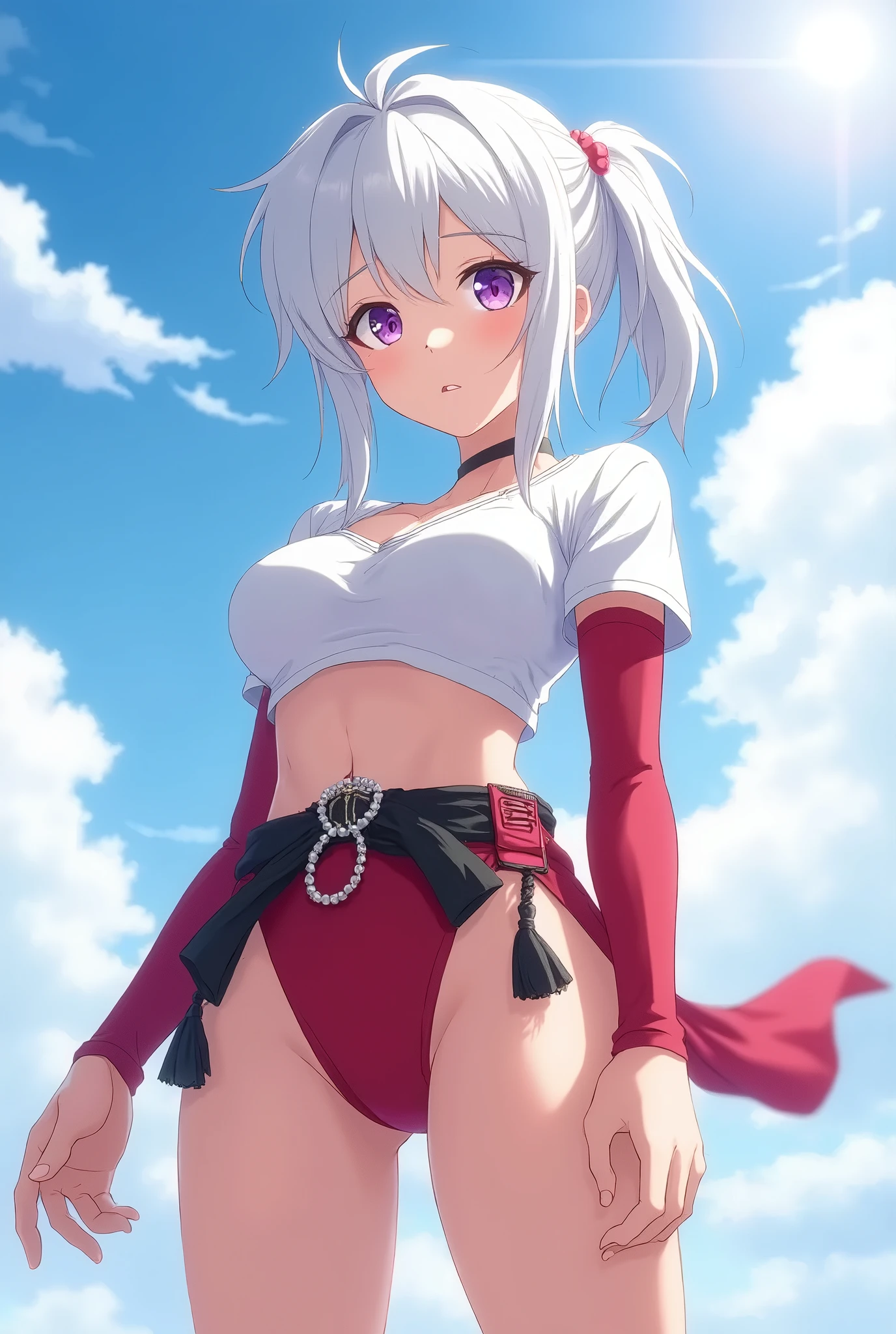 ((masterpiece)), (Highest quality), (Simple style), White hair, braids, long hair, red eyes, in the mountains, sexy bra, tracksuit, openclothes, no panties, sitting, peeing, undergarments, Lightsmile