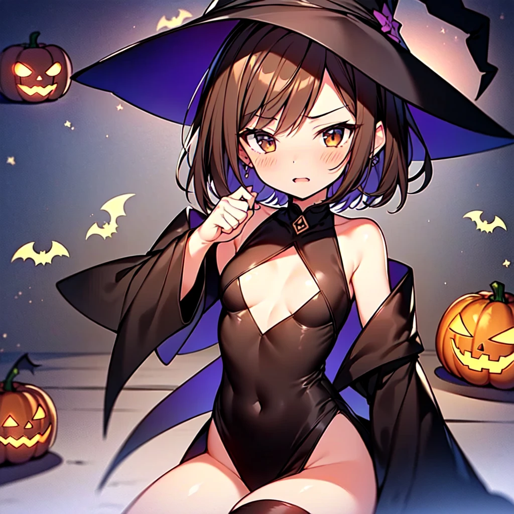  1 girl、avatar style、Halloween、(Chibi:1.5)、(( Brown hair Short cut 、  Brown Eyes  、 are slightly chubby 、Small breasts、Small butt))、(((watercolor)))、The background is a dark purple night  、whole body、  best quality、  (((Witch costume、Threatening expressions and postures  、 Lots of jack-o-lanterns are shining、  Multiple bats are flying  )))、「HAPPY HALLOWEEN」Signboard