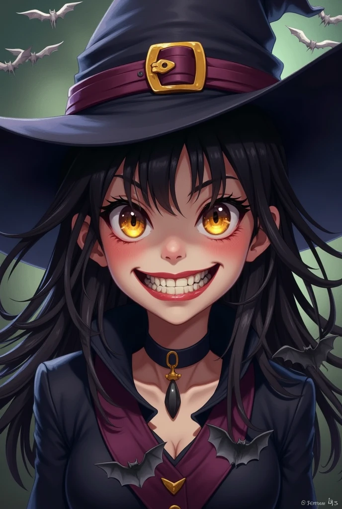 A cute face, an evil smile, wearing a witch costume and a witch hat, facing upwards, with bats flying around, creating an atmosphere and stunning visuals,