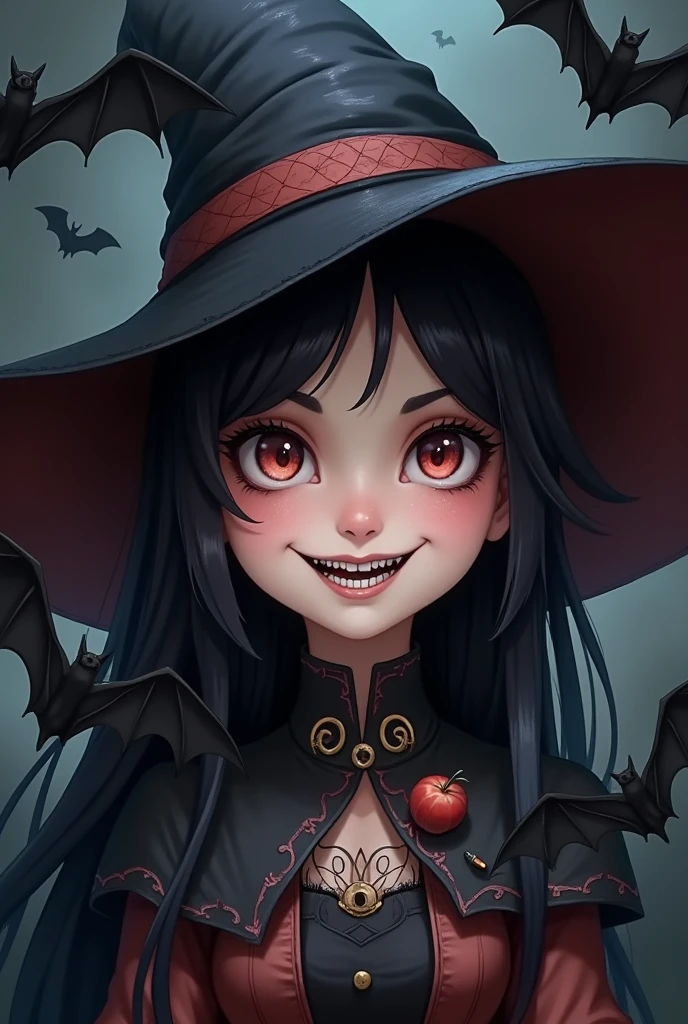 A cute face, an evil smile, wearing a witch costume and a witch hat, facing upwards, with bats flying around, creating an atmosphere and stunning visuals,