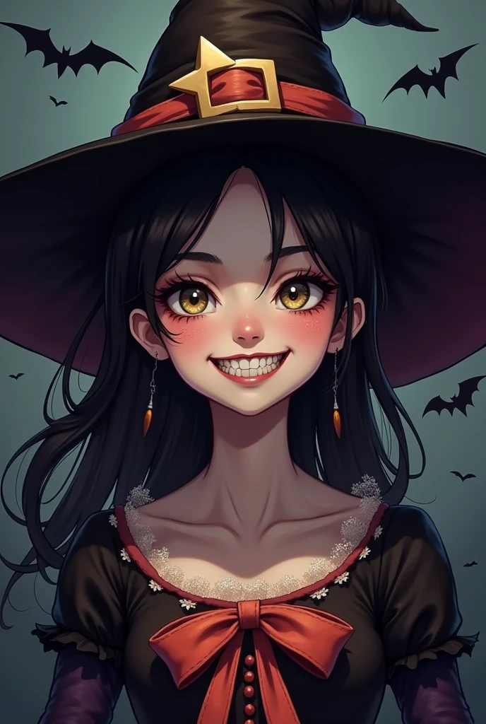 A cute face, an evil smile, wearing a witch costume and a witch hat, facing upwards, with bats flying around, creating an atmosphere and stunning visuals,