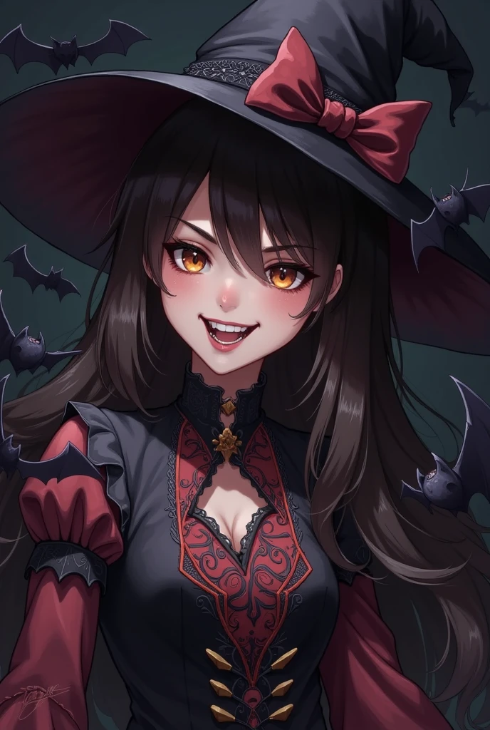 A cute face, an evil smile, wearing a witch costume and a witch hat, facing upwards, with bats flying around, creating an atmosphere and stunning visuals,