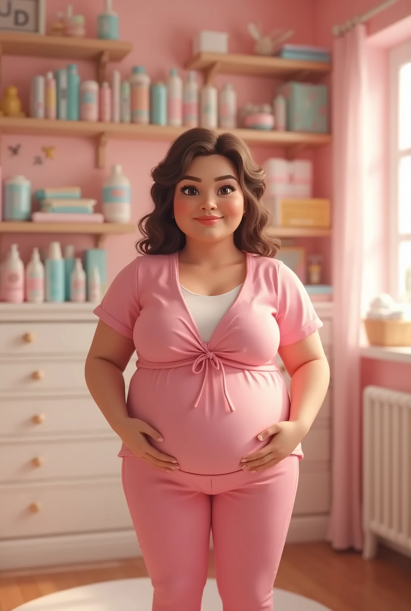 (best quality), big head, face confident, (hozukikaede with huge breasts:1.2) in a raincoat and an umbrella in a street, from back, 8K good quality, realistic, huge pregnancy belly, huge pregnant