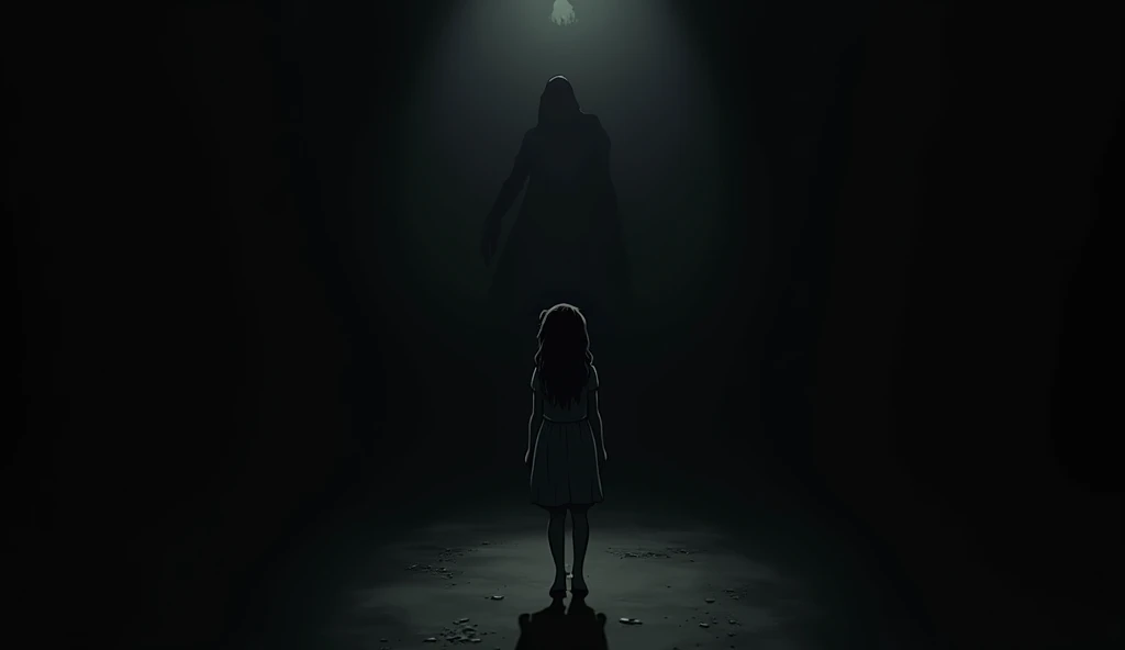 You can create a comic-like image following this text:The room is now empty, but the shadow of a sinister figure is seen on the wall behind Sarah.