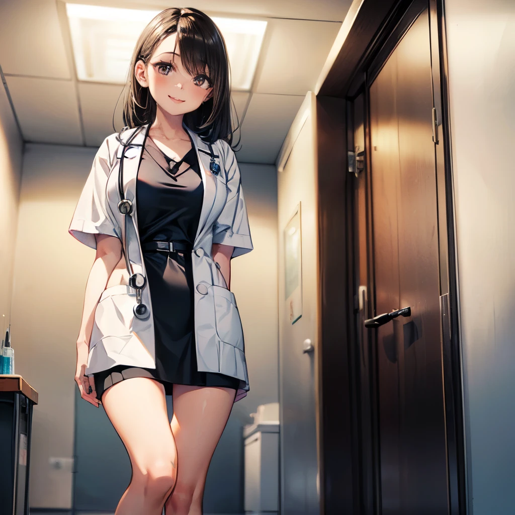 A female doctor squats in a hospital hallway, wears a doctor's white coat, black skirt, wears a stethoscope around her neck, black underwear, picks up something, absurdity,