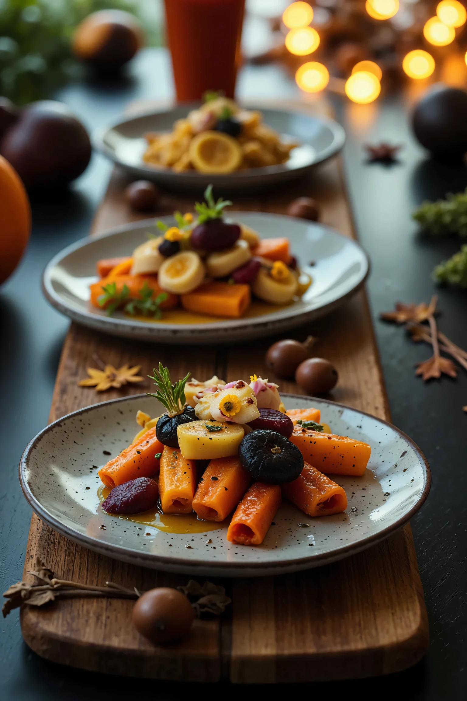 A hyper-realistic, close-up photograph of an autumn-themed gourmet collection, captured with a 50mm prime lens. The collection features an array of elegantly plated dishes showcasing roasted seasonal root vegetables such as butternut squash, heirloom carrots, and golden beets, presented with deep reds, warm oranges, golden browns, and earthy greens. Each dish is artfully arranged on textured ceramic plates with autumn-inspired accents, like edible flowers, microgreens, and a drizzle of herb-infused oil. The dishes rest on a rustic wooden board, adorned with dried leaves, cinnamon sticks, and acorns to evoke the essence of the season. The background is softly blurred with a creamy bokeh effect, highlighting the luxurious and seasonal feel. Natural, soft light from a nearby window casts a warm glow, creating gentle shadows that enhance the textures and colors of each dish. The shot is taken from a slightly angled perspective, capturing the refined craftsmanship and depth of the gourmet collection, invoking a sense of autumnal elegance and culinary artistry.