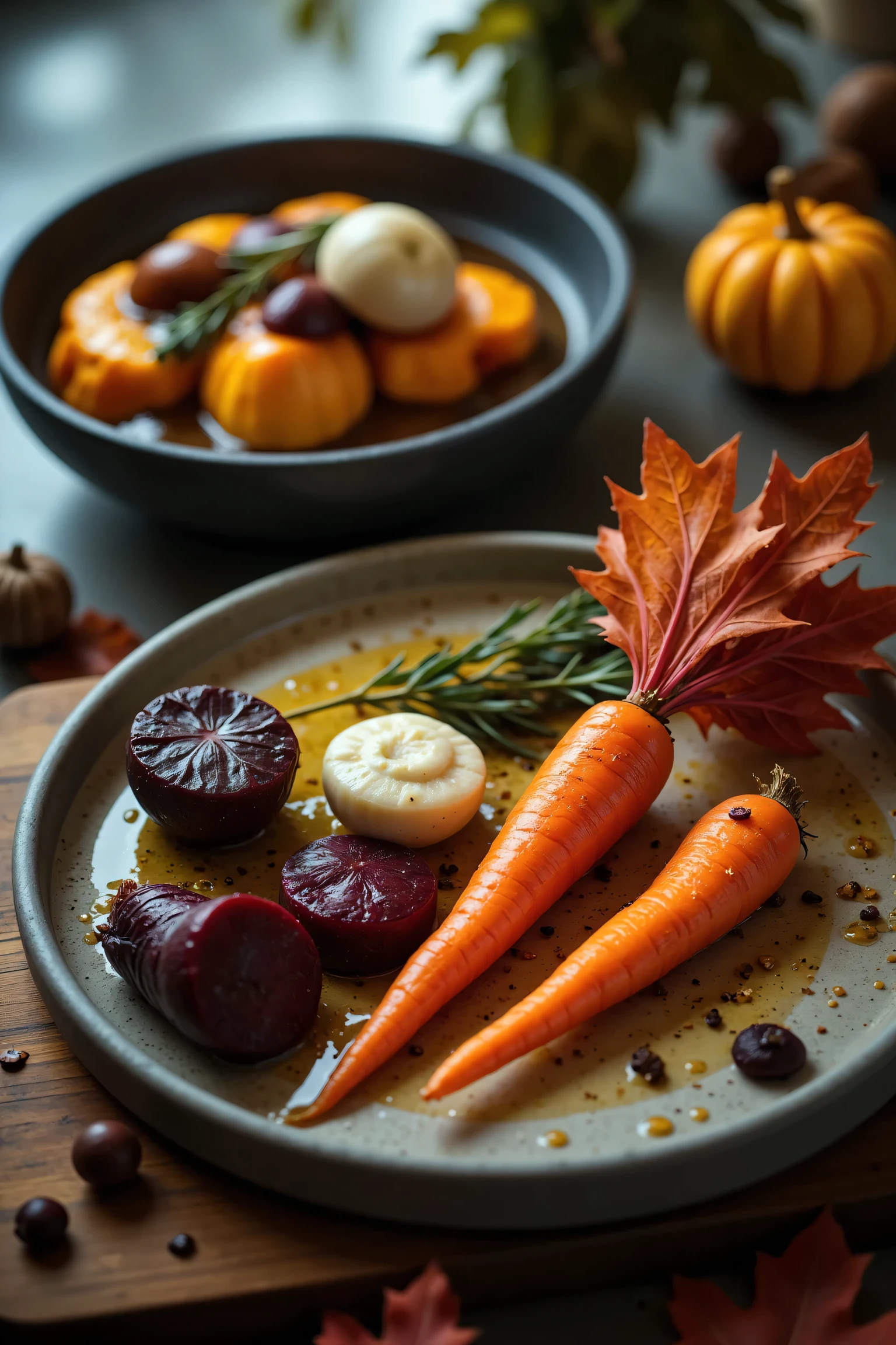 A hyper-realistic, close-up photograph of an autumn-themed gourmet collection, captured with a 50mm prime lens. The collection features an array of elegantly plated dishes showcasing roasted seasonal root vegetables such as butternut squash, heirloom carrots, and golden beets, presented with deep reds, warm oranges, golden browns, and earthy greens. Each dish is artfully arranged on textured ceramic plates with autumn-inspired accents, like edible flowers, microgreens, and a drizzle of herb-infused oil. The dishes rest on a rustic wooden board, adorned with dried leaves, cinnamon sticks, and acorns to evoke the essence of the season. The background is softly blurred with a creamy bokeh effect, highlighting the luxurious and seasonal feel. Natural, soft light from a nearby window casts a warm glow, creating gentle shadows that enhance the textures and colors of each dish. The shot is taken from a slightly angled perspective, capturing the refined craftsmanship and depth of the gourmet collection, invoking a sense of autumnal elegance and culinary artistry.