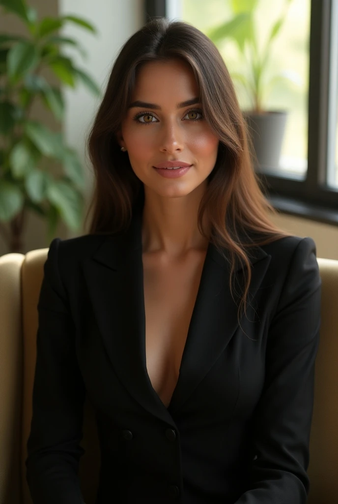 ((highest quality, 8k, masterpiece, portrait: 1.3)), (looking at the viewer), (full shot: 0.85), attractive business mature woman, 1 person、 bra and panties ,((big breasts 2.5) ) (hip large: 0.3),((Very plump 2.5))、 (sitting in an office chair)), smile:0.2, President's Office, good posture、Medium brown hair、gentle smile、office、In the office 、