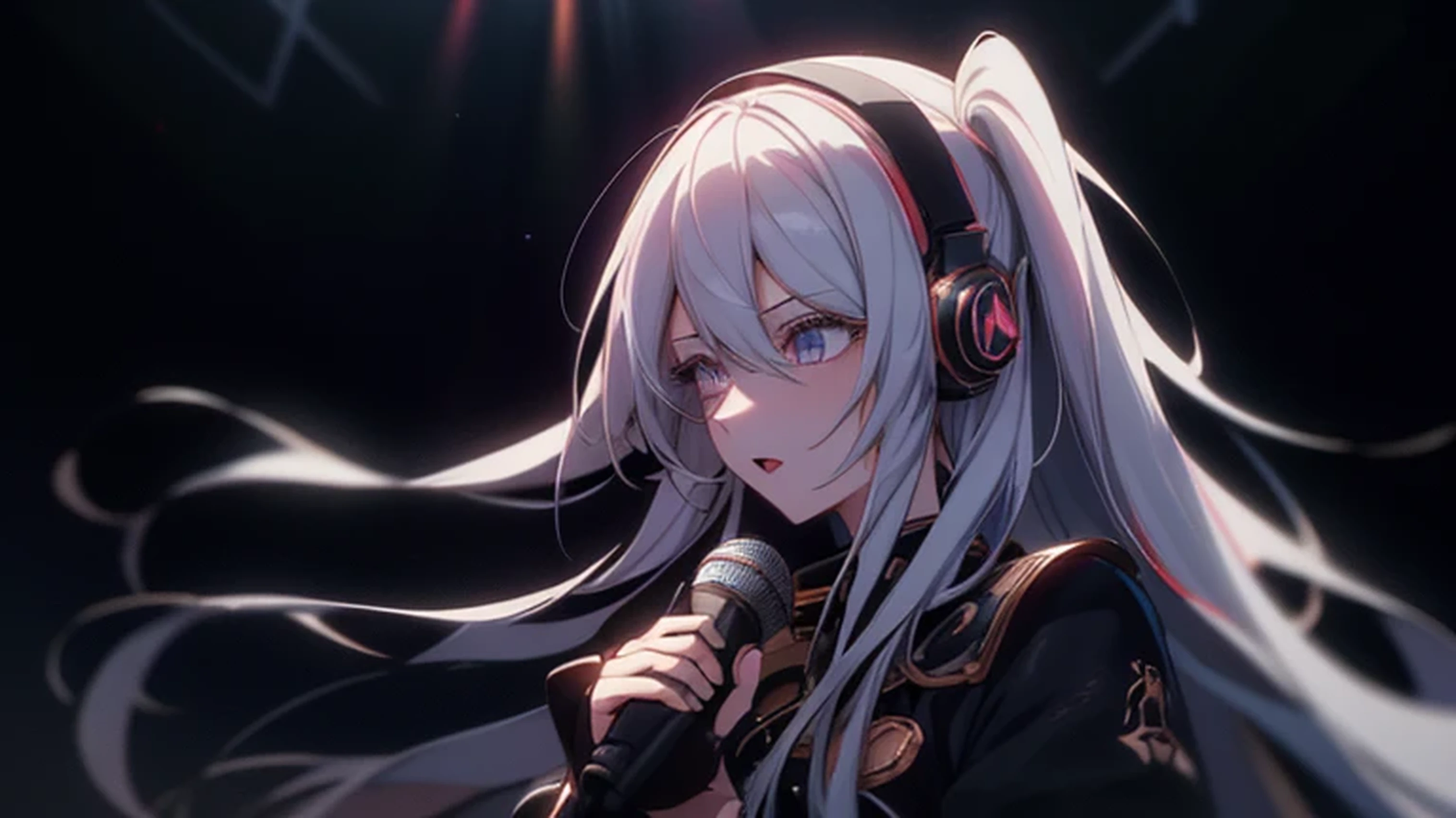 beautiful young girl, White hair, Purple pupils，Wearing a beautiful black dress，Hold a black microphone，With pink headphones，Sing in the studio