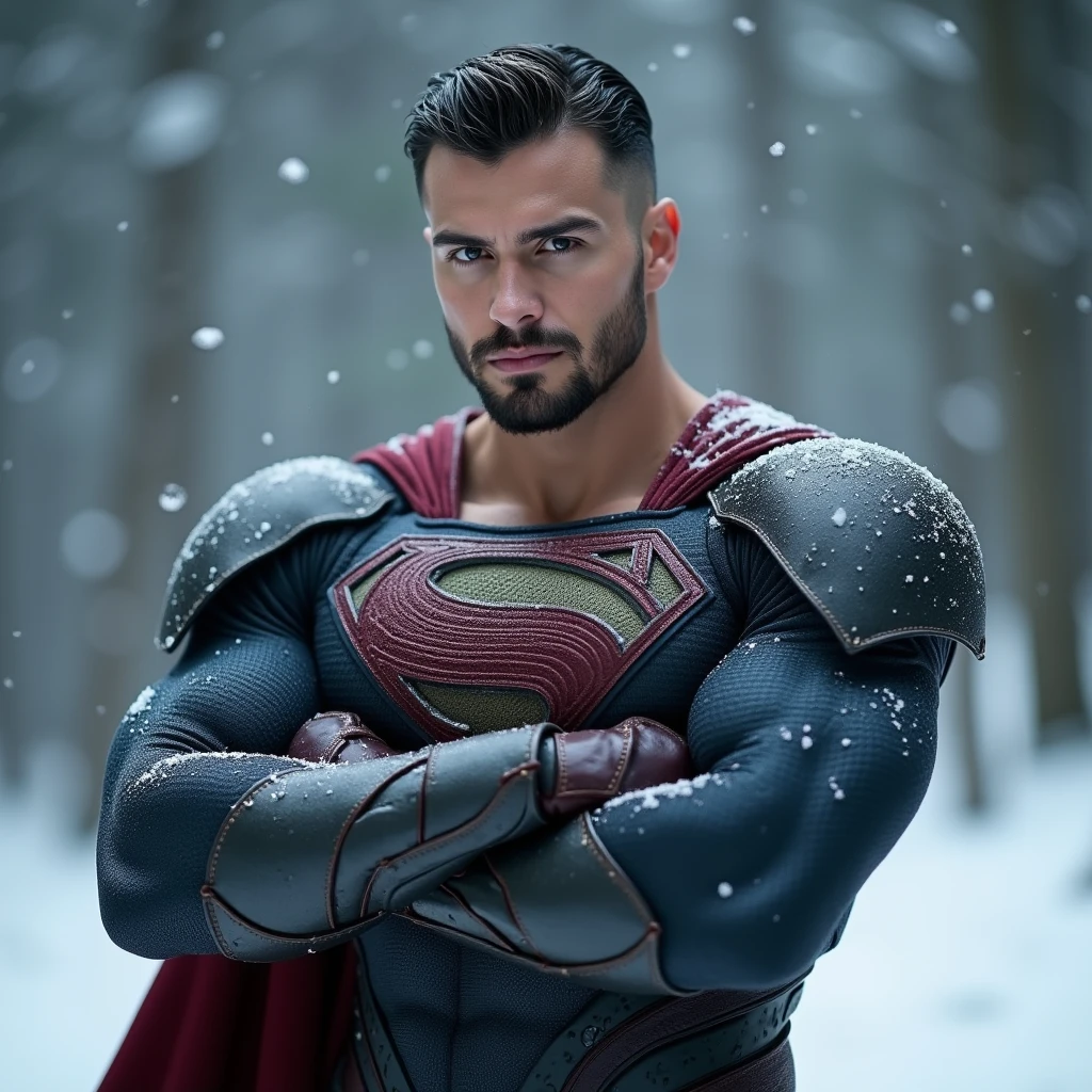 full body shot of a muscular attractive Nicholas Alexander Chavez with an undercut haircut combed back, short beard, wearing a shirtless, tattered and torn Superman suit, dark red boots, The character is represented in a crossed arms posture. His expression is serious and reflects a sense of confident and determination. The background is blurred, suggesting a cold, possibly snowy environment, with snowflakes gently falling around the character, adding a somber and intense atmosphere to the image. The color scheme is dominated by dark tones, with the armor in black and silver hues