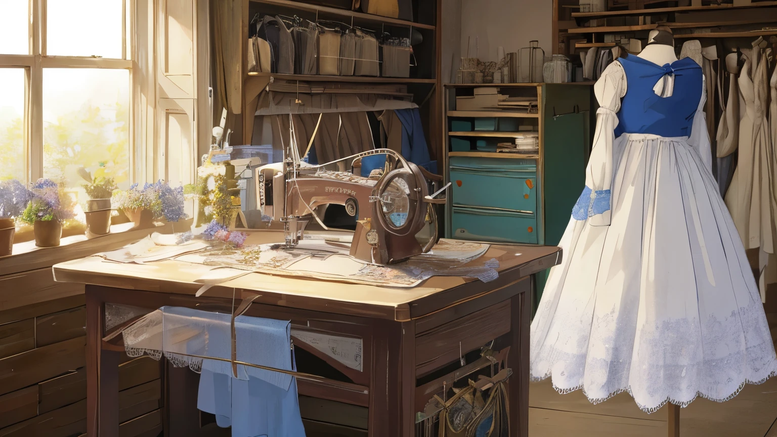 A Studio Ghibli background, very very small dress workshop, (There is a sewing machine by the window, threads, lots of fabric& lace scattered), a torso with a dress, interior inspired by 16th century France, dried flowers, fantasy, different world