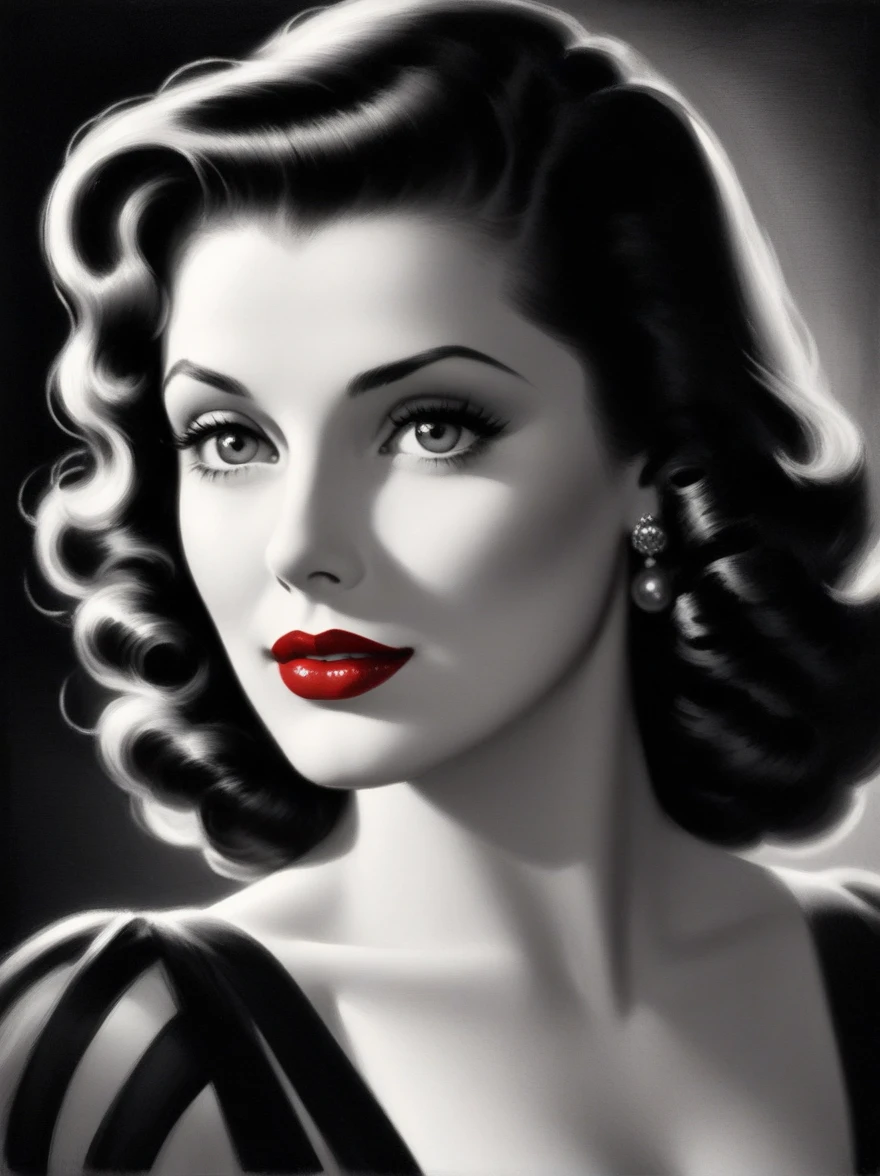 film noir style, woman, red lips, highly detailed, sharp focus, ultra sharpness, monochrome, high contrast, dramatic shadows, 1940s style, mysterious, cinematic 1950s  hyperreal, hyperrealistic, hyperrealism, hyperrealistic painting, mkdrgs style