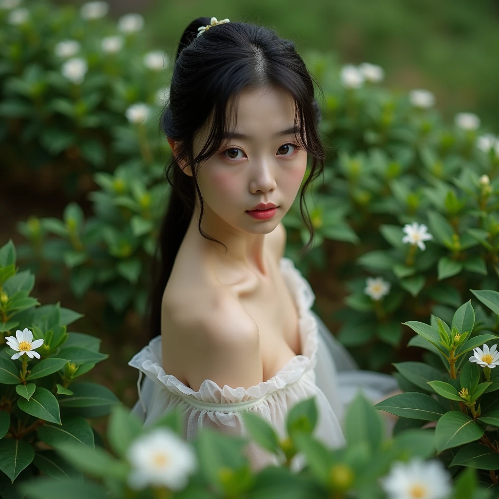 A naked woman, trapped in a tree, her body enveloped in leafy vines flowers, covered in moss, waving at the camera, entangled in vine roots, leaf-covered roots, beautiful woman, big breasts, sensual body, big breasts, short wavy hair, beautiful Asian woman, jav idol actress, fog, night, on top of a mountain, with front shooting angle, very realistic, (complex detail: 0. 9), (hdr, hyperdetail: 1.2), RAW, Sony Alpha a9 II, 24-105mm f/4, HDR,