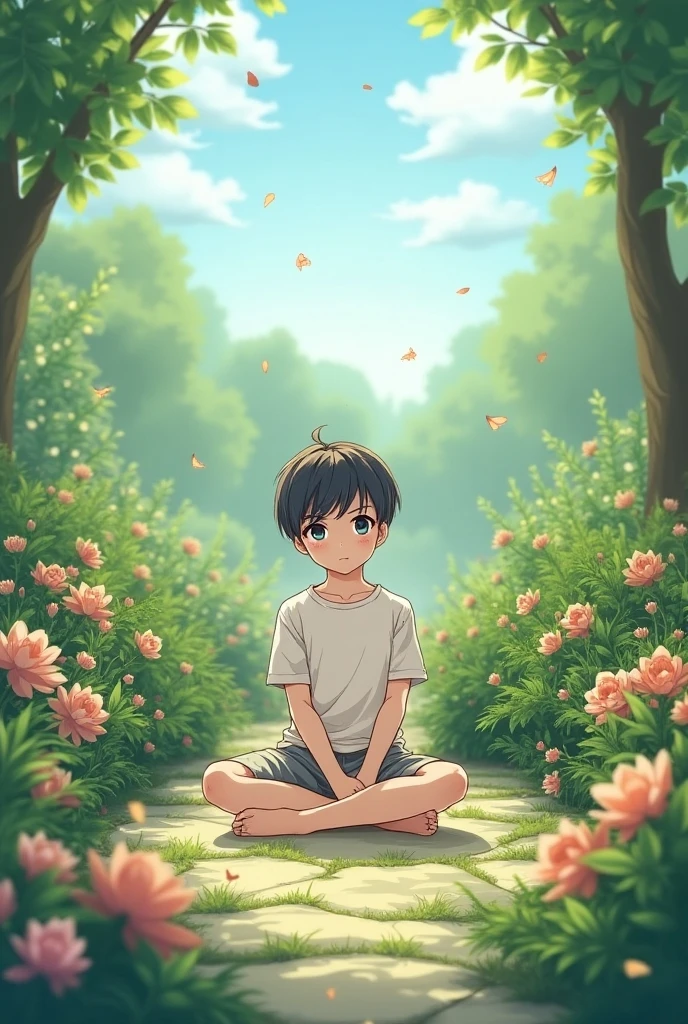 boy sitting next to lotus flower, ((anime type))