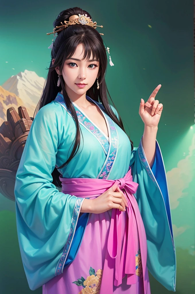 Han Dynasty Landscape、Three Kingdoms、(Best Quality,4K,8k, High Resolution ,masterpiece:1.2)、 very detailed,  High Resolution ,、Hyper HD、Studio Lighting、Ultra-fine painting、  sharp focus lined up in such poses、  physics-based rendering 、  very detailed説明、 professional、  bright colors、Traditional Chinese Painting Techniques、  atmospheric lighting 、 Vivid color contrast、 very detailed目と顔、  beautiful attention to detail 、  light shines on the face 、Hanfuを着た少女、(Hanfu: 1.1)、Eye color is dark green、((( 1 girl)))、 full body standing picture depicting an anatomically correct 、Correct finger