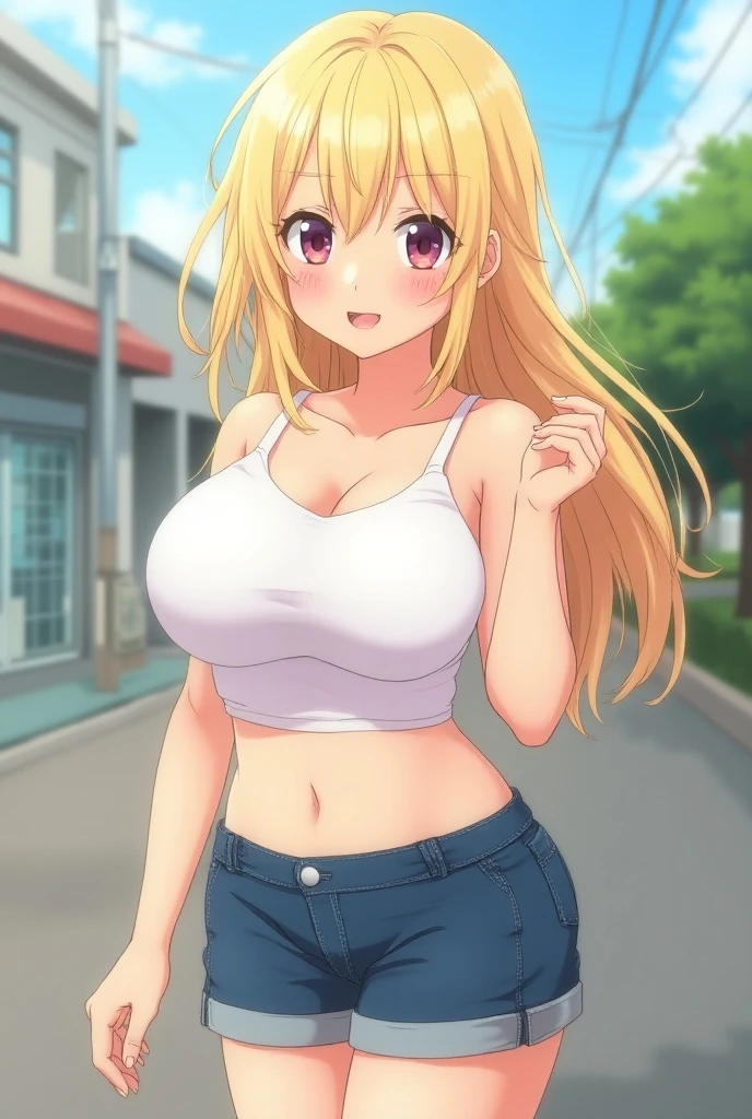 1girl,18yo,perfect hands, perfect finger,perfect anatomy, masterpiece, best quality,realistic, hyperrealistic, 16k hdr, Erina Nakiri, long hair, blond hair, blue eyes, (overalls:1.1),outdoor,standing, large breasts, (upper body), (leaning forward,),