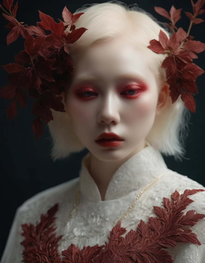  A commercial photographic portrait of a Instagram model.,  The ethereal portraits ,  Japanese fashion girl from 2020 , Detailed skin texture,  girl, hyperrealistic photo, ,  Albinism and Heterochromy by Bella Kotak , female portrait en sesiones de estudio,  Albina Albina , female portrait,  tearing shot ,  intricate fantasy dress ,  taken by professional studio lighting ,  150 mm objective ,  PhaseOne ,  digital backup s, median format, ,  150 mm portrait , photograph,  photo taken with a HasOne H4D H4D , tomado con  PhaseOne  IQ180,  IQ160 ,  IQ140 ,  P65 +, P45 +, " digital backup ", extremely detailed,  Leaf Aptus , perfect skin, Detailed skin, hyperreality,  perfect face, ( Ox Blood :1.6) Hair, ( Ox Blood :1.6) bottom,  dressed head completely covered with  ( Ox Blood :1.6) flores, ( Ox Blood :1.6)  Cololter ,